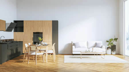 Modern stylish kitchen interior, room with wooden
