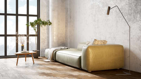 Modern beautiful interior with columns, white wall