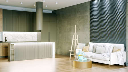 Modern beautiful interior of the room with light walls, large windows and stylish furniture. Bright design in Scandinavian style. High-quality 3D renderingの写真素材