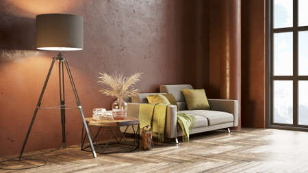 Modern beautiful interior with columns, colored wall