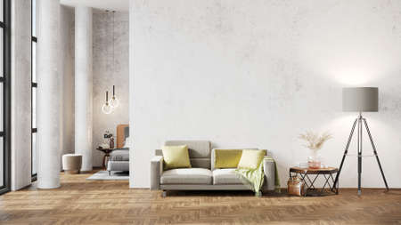 Modern beautiful interior with columns, white wall