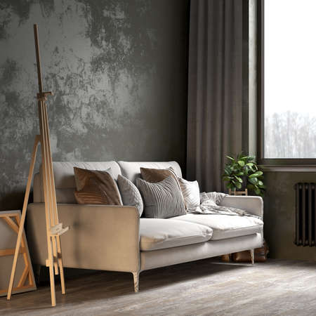 Living room interior in loft, scandinavian styleの写真素材