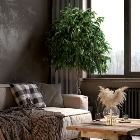 Living room interior in loft, scandinavian styleの写真素材