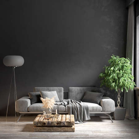 Living room interior in loft, scandinavian styleの写真素材