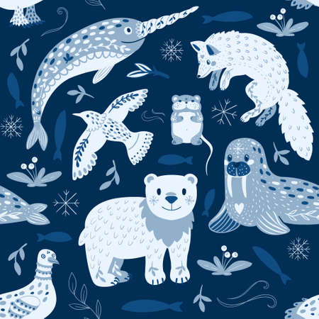 Cartoon seamless pattern of different Arctic animals and beauty ornaments. Suitable for printing packaging, fabric, wallpaper. Limited color palette, shades of blue.のイラスト素材