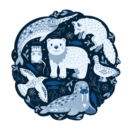 Cartoon vector illustration of different Arctic animals and beauty ornaments. Suitable for prints, stickers. Limited color palette, shades of blue. Isolated on a white background.のイラスト素材