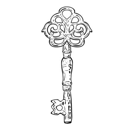 Antique key, hand-drawn imitation. Illustration in sketch style on white background. Old design black and white ornate key.のイラスト素材