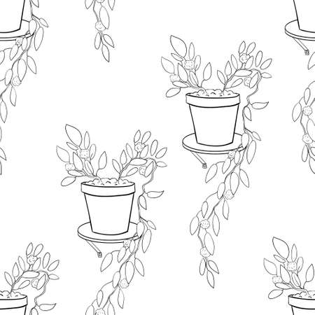 Pots with homemade flowers seamless pattern. Coloring Page Background.のイラスト素材