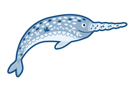 Cute Cartoon character blue Swimming Narwhal, isolated on white background. Vector Illustrations for children. Baby Shower card. North Pole animal wildlifeのイラスト素材