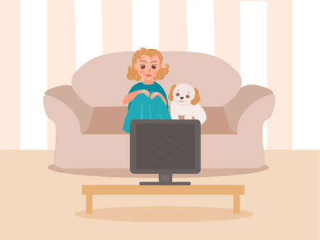 The girl and her dog watching televisionのイラスト素材