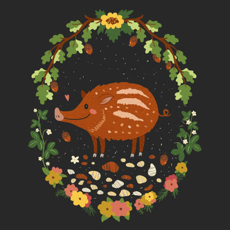 Cute baby animal forest piglet, vektor kids artのイラスト素材