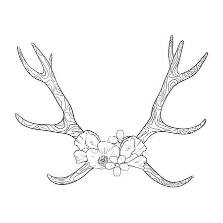 Black and white boho deer horns coloring bookのイラスト素材
