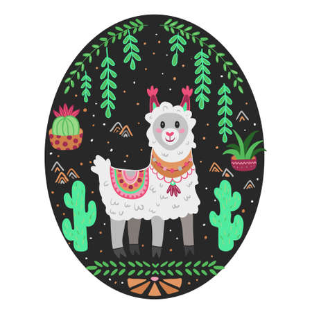Stylish cartoon llama Alpaca Vector art printのイラスト素材