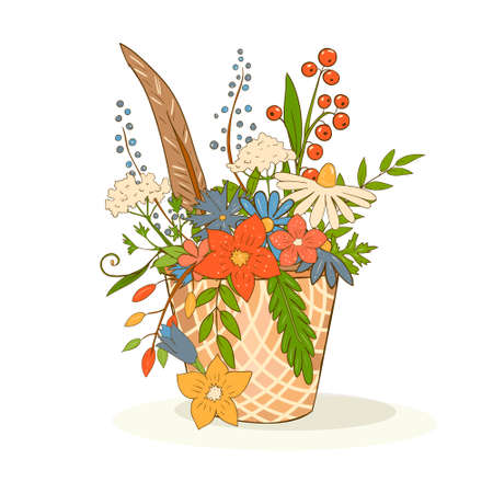 Basket with a bouquet of flowers. Vector artのイラスト素材