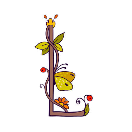 Letter L with floral, berries. Summer fontのイラスト素材