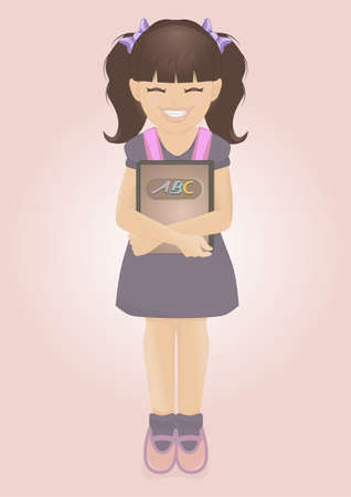 Little girl and book   A  illustration of little girl holding in her arms a book of schoolのイラスト素材
