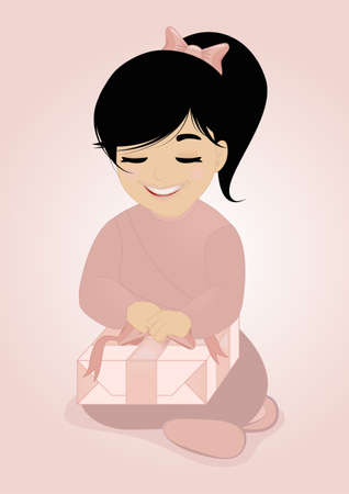 Little girl and gift   A  illustration of little girl holding a package, she will discover her gift, a doll or something else   のイラスト素材