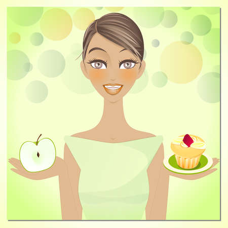 Beauty and Diet - An illustration of beautiful woman choosing between an apple and a little cakeのイラスト素材