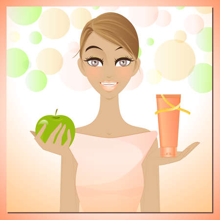 Beauty and slimming cream - An illustration of beautiful woman showing an apple のイラスト素材