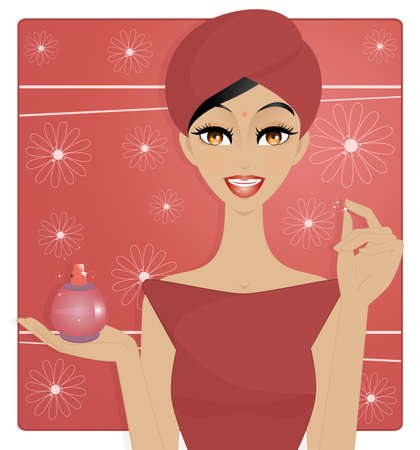 Beauty sortie de bain - An illustration of beautiful oriental woman out of the bath, showing a perfume bottle ready to use  Use only simple gradients and transparencies のイラスト素材