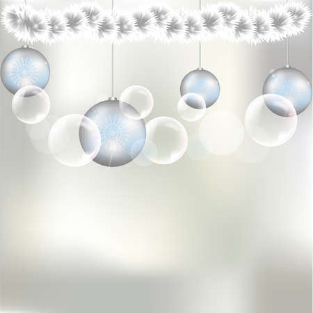 Bubbles and christmas balls - An illustration of garland, christmas balls, bubbles with a silver silk backgroundのイラスト素材