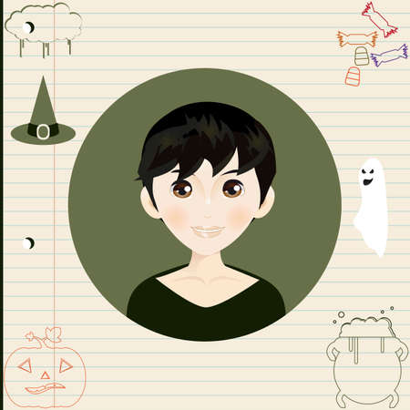 Portrait of a little boy thinking about elements of halloweenのイラスト素材