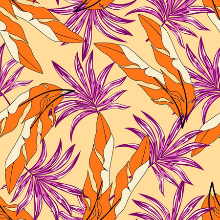 Trendy seamless tropical pattern with bright plants and leaves on a yellow pastel background. Seamless pattern with colorful leaves and plants. Colorful stylish floral.のイラスト素材
