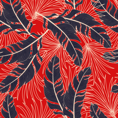 Fashionable seamless tropical pattern with bright plants and leaves on a red background. Beautiful seamless vector floral pattern. Tropic leaves in bright colors.のイラスト素材