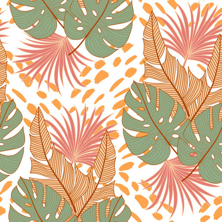 Abstract seamless tropical pattern with bright plants and leaves on a beige background. Colorful stylish floral. Seamless pattern with colorful leaves and plants.のイラスト素材