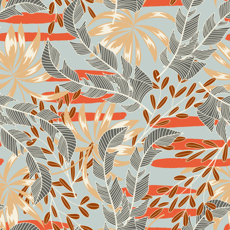 Abstract seamless tropical pattern with bright plants and leaves on a gray background. Beautiful seamless vector floral pattern. Trendy summer Hawaii print.のイラスト素材