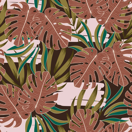 Abstract seamless tropical pattern with bright plants and leaves on a brown background. Beautiful seamless vector floral pattern. exotic wallpaper.のイラスト素材