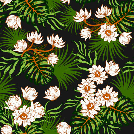 Abstract seamless tropical pattern with bright flowers and leaves on a black background. Tropical botanical. Seamless exotic pattern with tropical plants.のイラスト素材