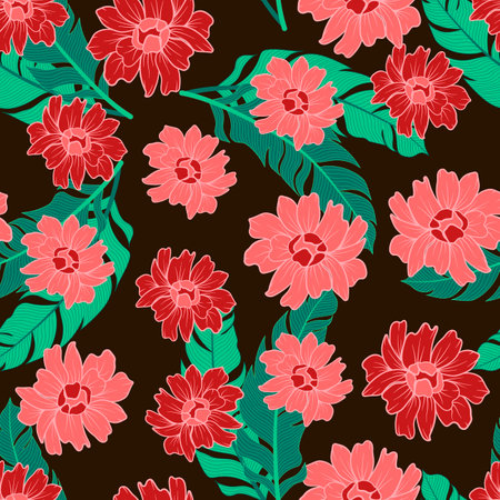 Fashionable seamless tropical pattern with bright plants and flowers on a brown background. summer colorful hawaiianのイラスト素材
