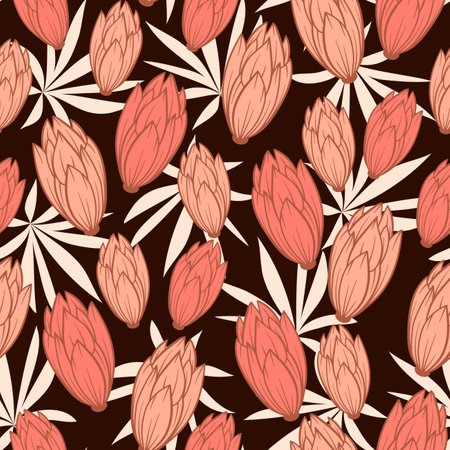 Exotic seamless tropical pattern with bright plants and flowers on a dark background. Hawaiian style. Seamless pattern with colorful leaves and plants.のイラスト素材