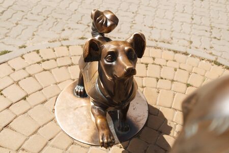 TAGANROG, RUSSIA - June 23, 2016: A monument to heroes of stories of Chekhov in the form of a dog lifted a paw. Taganrog, Russiaのeditorial素材