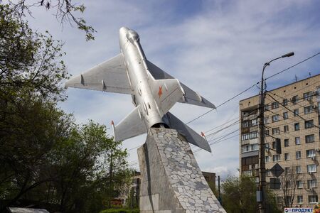 VOLGOGRAD, RUSSIA - May 04, 2016: "The plane MiG-21", established in honor of pilots-kachintsev. Kachentsev Street, Volgograd, Russiaのeditorial素材