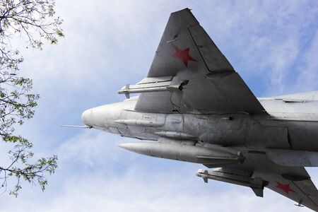 VOLGOGRAD, RUSSIA - May 04, 2016: A monument the Supersonic Plane MiG-21 established in honor of pilots-kachintsev. Kachentsev Street, Volgograd, Russiaのeditorial素材