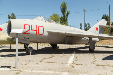 VOLGOGRAD, RUSSIA - July 06, 2016: Jet MIG-17 plane. Constant exhibition of military equipment. Museum Mamayev Kurgan, Volgograd, Russiaのeditorial素材