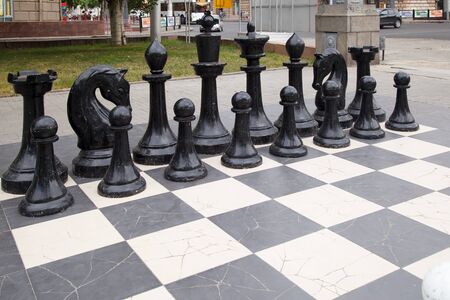 VOLGOGRAD, RUSSIA - August 05, 2016: Chessmen on game, a chessboard. The park, Volgograd, Russia are established on Lenin Avenueのeditorial素材