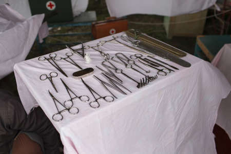 VOLGOGRAD, RUSSIA - April 13, 2017: Medical means during World War II lie on a tableのeditorial素材