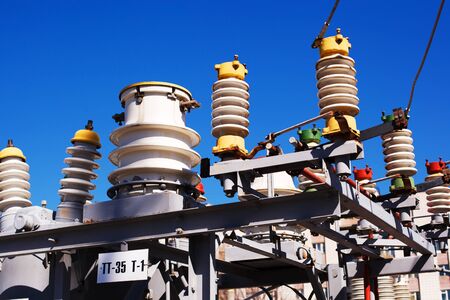 VOLGOGRAD, RUSSIA - April 27, 2017: Electroinstallations, electric equipment of city power transformer substation in outdoorの写真素材
