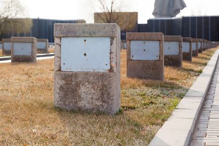 VOLGOGRAD, RUSSIA - April 08, 2017: A gravestone to the unknown soldier of World War II without inscription. The military Memorial cemetery on Mamayev Kurgan, Volgograd, Russiaのeditorial素材