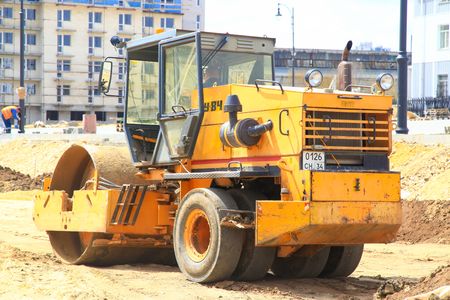 VOLGOGRAD, RUSSIA - April 23, 2018: Operation of the special machine, repair of the road, work at construction of the Arena stadium, on Mamayev Kurgan in Volgogradのeditorial素材