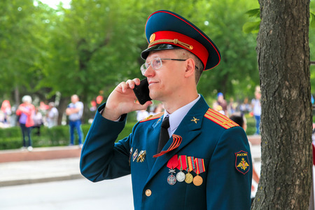 VOLGOGRAD, RUSSIA - May 9, 2018: The military man wearing spectacles in the form of the lieutenant...