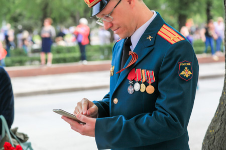 VOLGOGRAD, RUSSIA - May 9, 2018: The military man wearing spectacles in the form of the lieutenant...