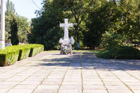 KERCH, RUSSIA - July 5, 2019: White Cross with inscription In Memory of Russian Army Exodus. Away. Kerch, Crimeaのeditorial素材