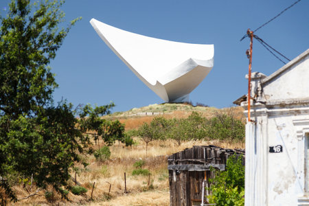 KERCH, RUSSIA - June 30, 2019: Landmark of Kerch city, Memorial Sail dedicated to paratroopers near housesのeditorial素材