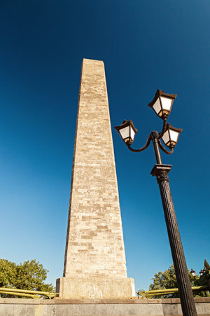 KERCH, RUSSIA - June 30, 2019: Obelisk on Mount Mithridat with street lighting lampのeditorial素材