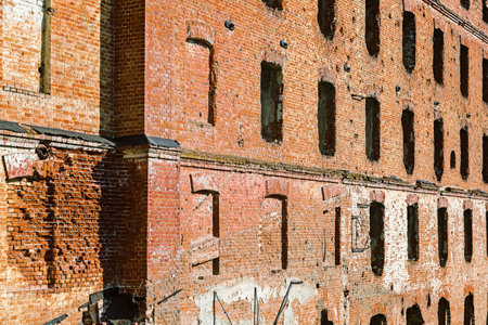 VOLGOGRAD, RUSSIA - 27 April, 2019: a detail of the destroyed house from a brick, Gergardt's Mill or Grudinin's mill, in Volgogradのeditorial素材