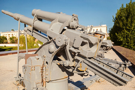 VOLGOGRAD, RUSSIA - on May 16, 2019: gray German antiaircraft gun. Museum panorama Battle of...